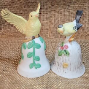 Set Of 2 Vintage Collectible Porcelain Bell With Yellow Bird~Warbler, Goldfinch?